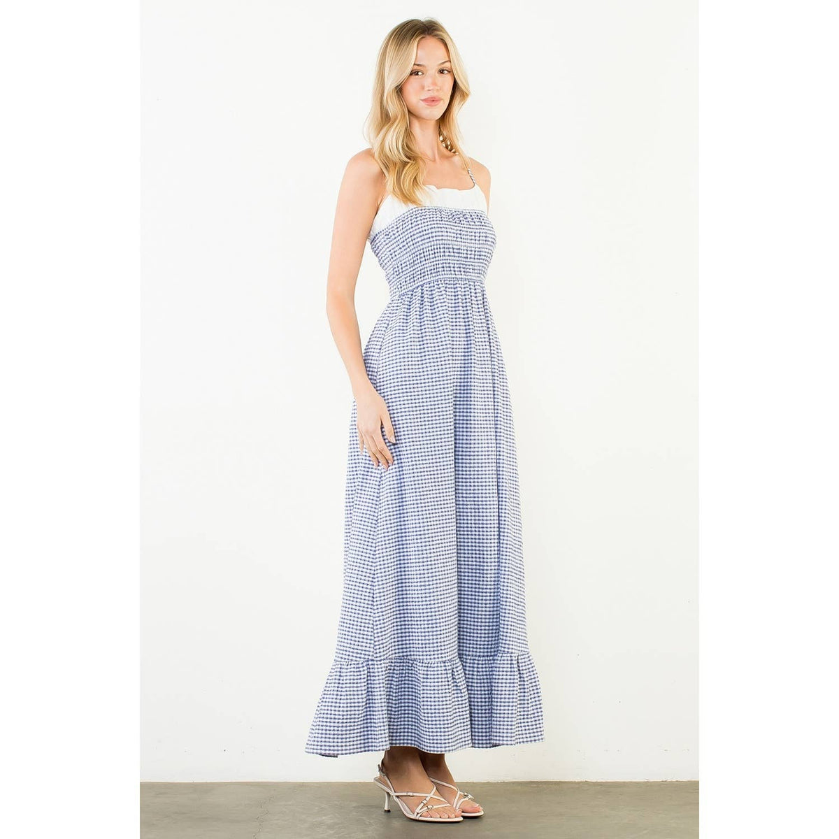 Coastal Brunch Gingham Smocked Maxi Dress, view 7 | Fitkitty Culture®