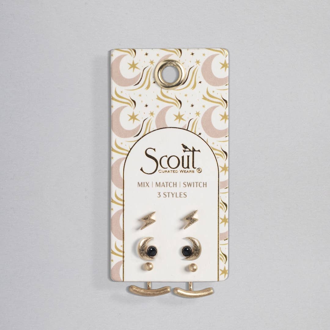 Moon & Black Spinel Stud Trio Ear Jacket Set — main product image