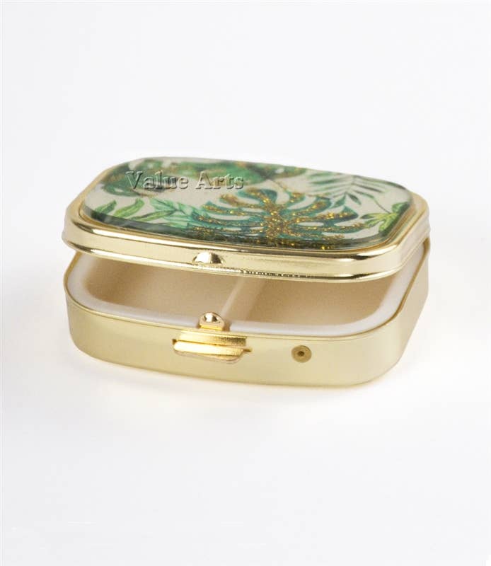 Tropical Leaves Gold-Accent Pill Box