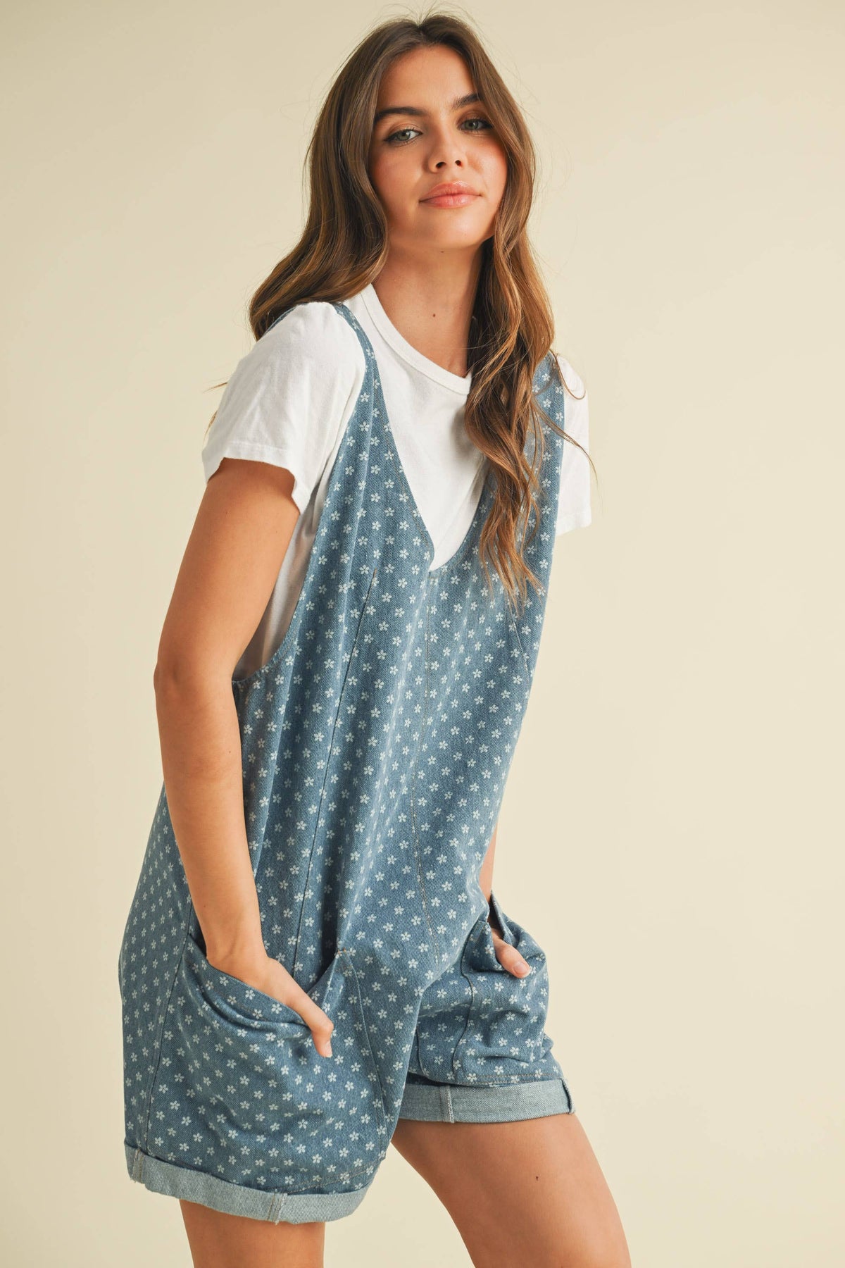 IR2267-A FLORAL PRINT DENIM SCOOP NECK OVERSIZED ROMPER - Fitkitty Culture Athleisure Wear, Yoga Wear & Women's Clothing