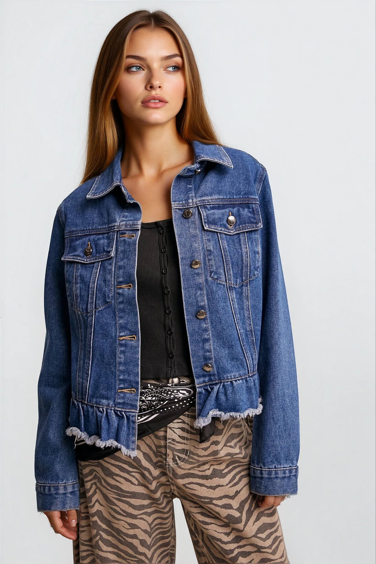 Ruffled Hem Denim Jacket - House of Caelo Athleisure Wear, Yoga Wear & Women's Clothing