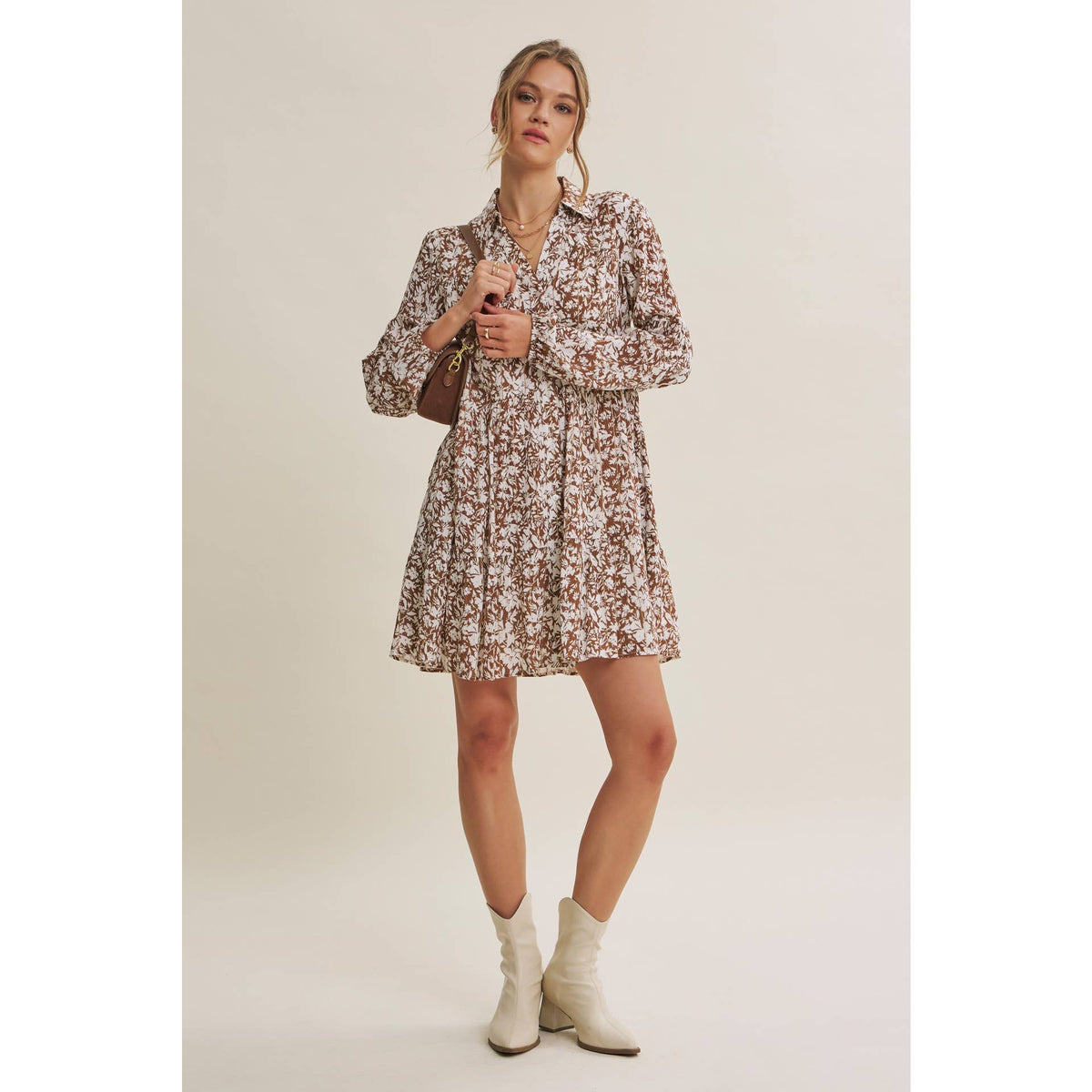 Soft Autumn mocha and cream mini dress showing the gathered sleeve cuffs and collared neckline.