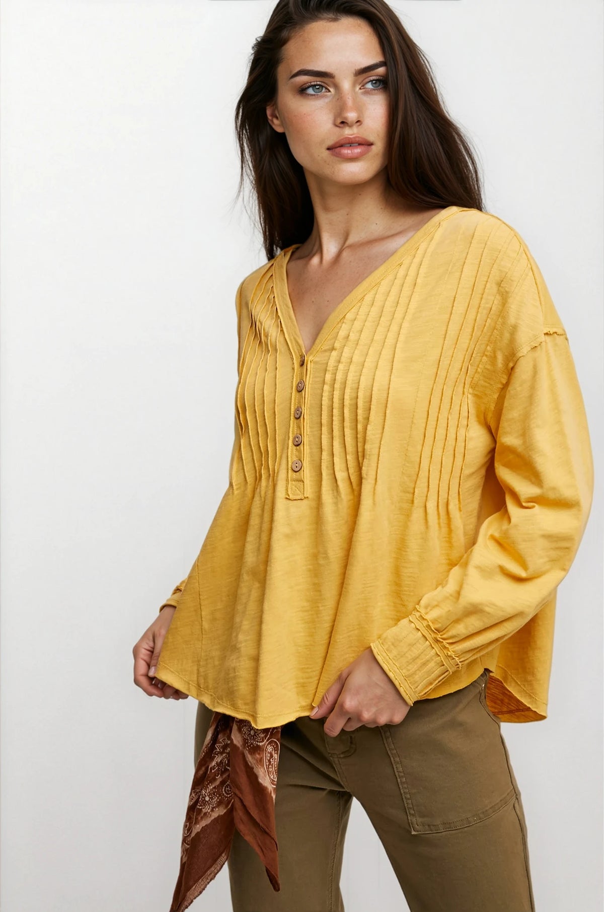 Soft cotton Henley top with delicate pintuck detail