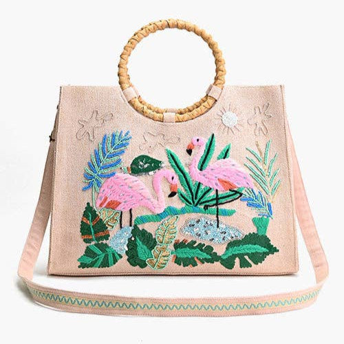 Tropical Pink Flamenco Embellished Tote – Artisanal Elegance - House of Caelo Athleisure Wear, Yoga Wear & Women's Clothing