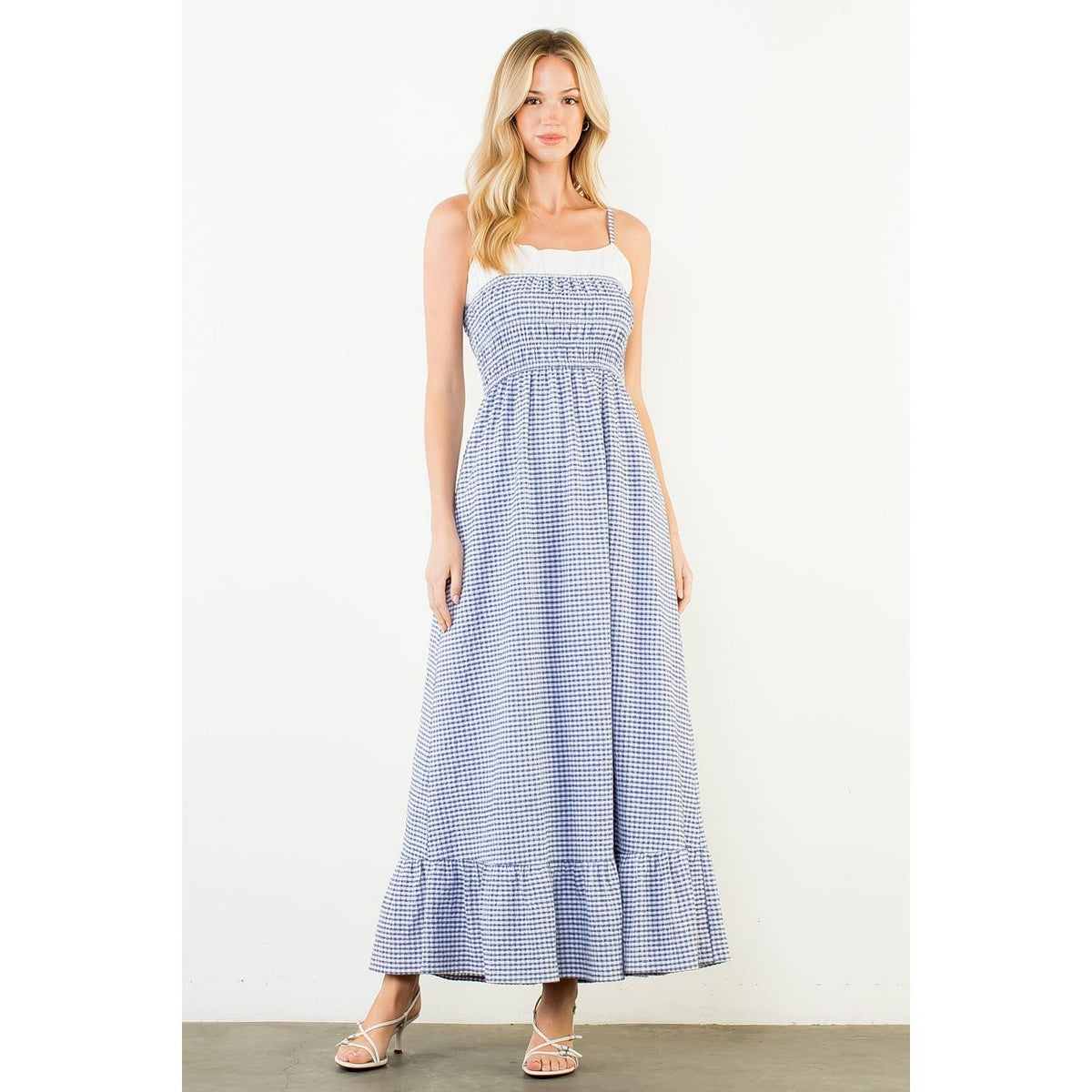 Coastal Brunch Gingham Smocked Maxi Dress, view 2 | Fitkitty Culture®