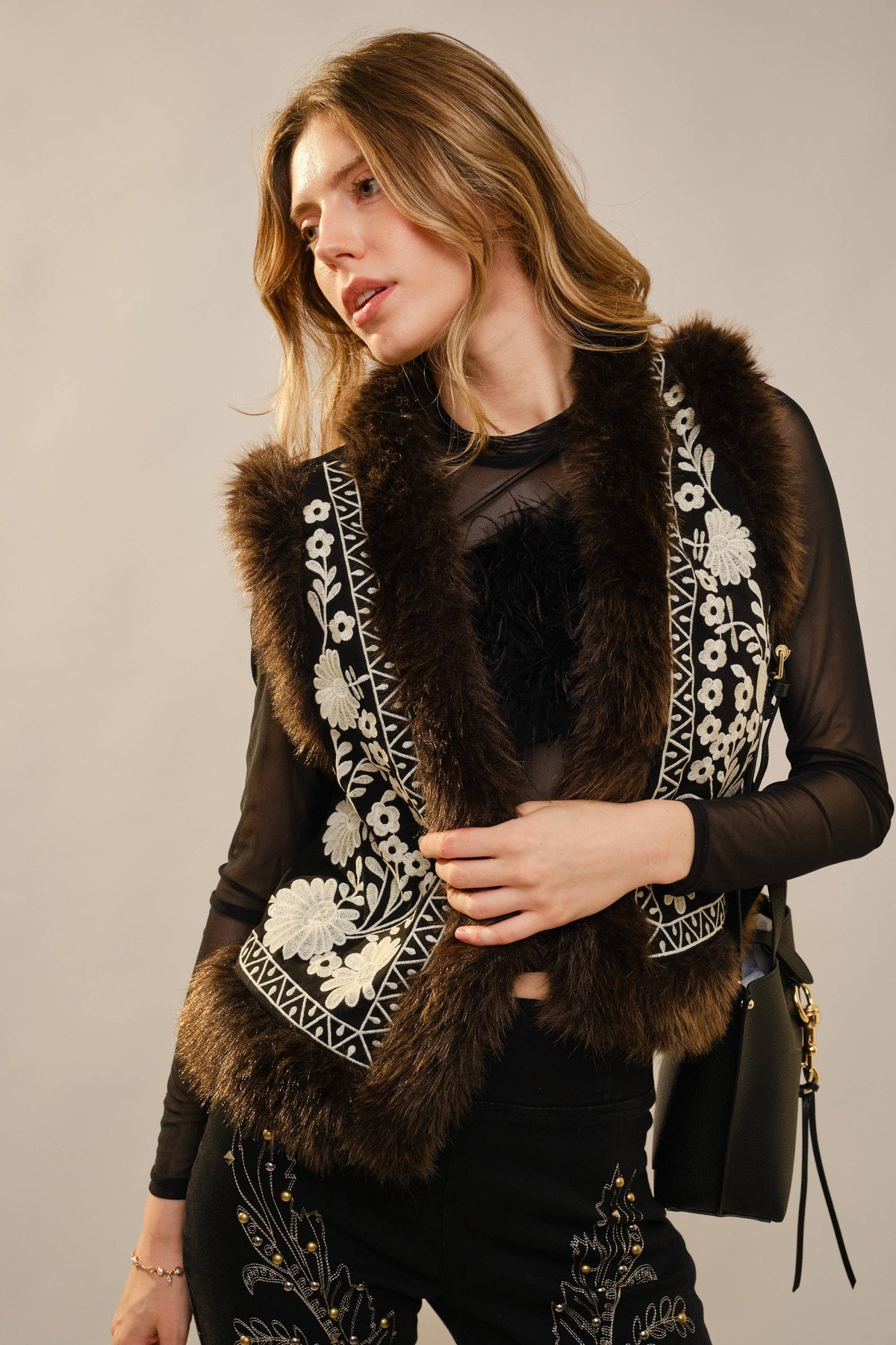 Embroidered Faux Suede Vest with Fur Trim, view 5 | Fitkitty Culture®