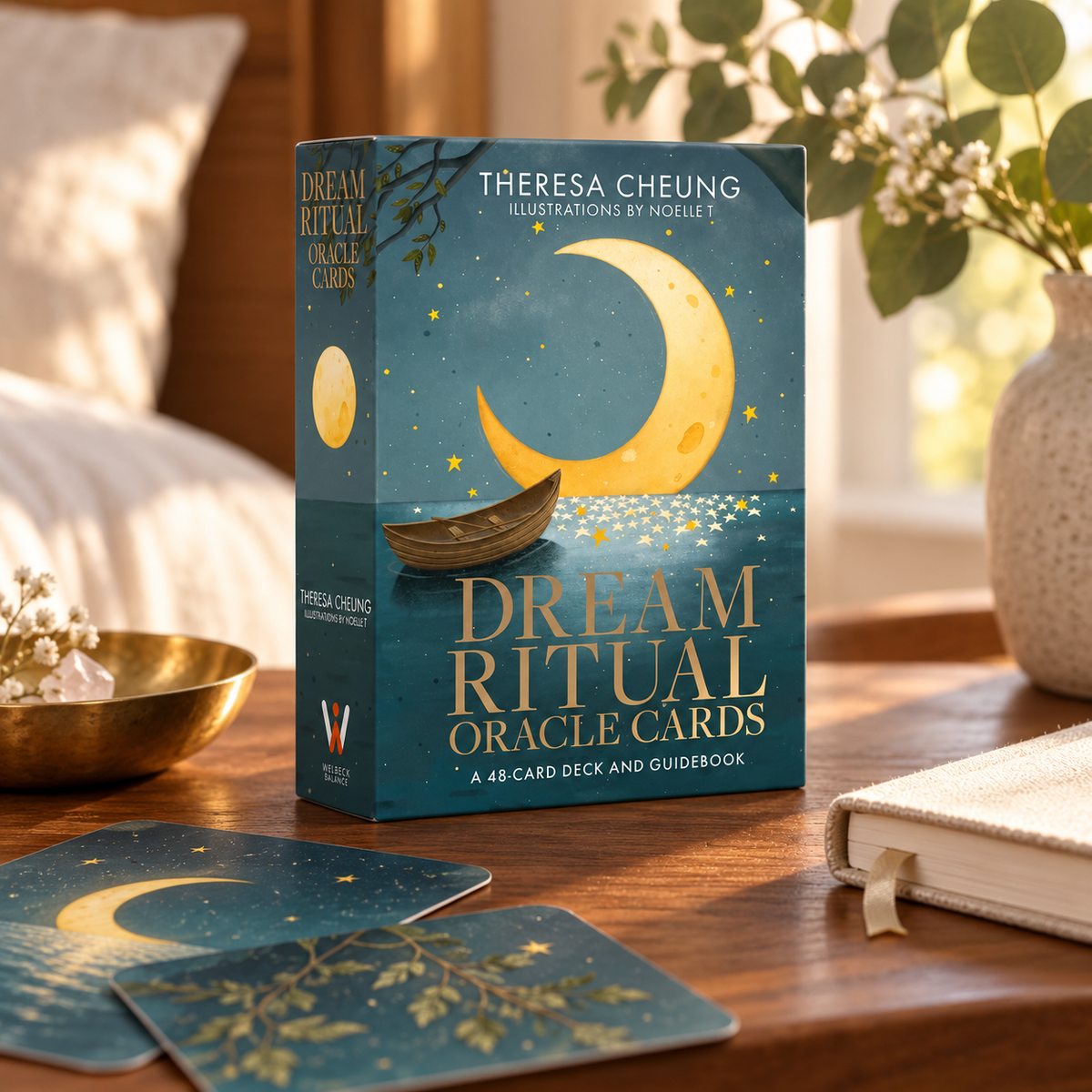 Dream Ritual Oracle Cards deck and cards in a warm bedside ritual setting