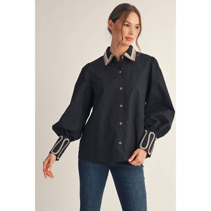 Embroidered Accent Puff Sleeve Button-Down Shirt - Fitkitty Culture Athleisure Wear, Yoga Wear & Women's Clothing