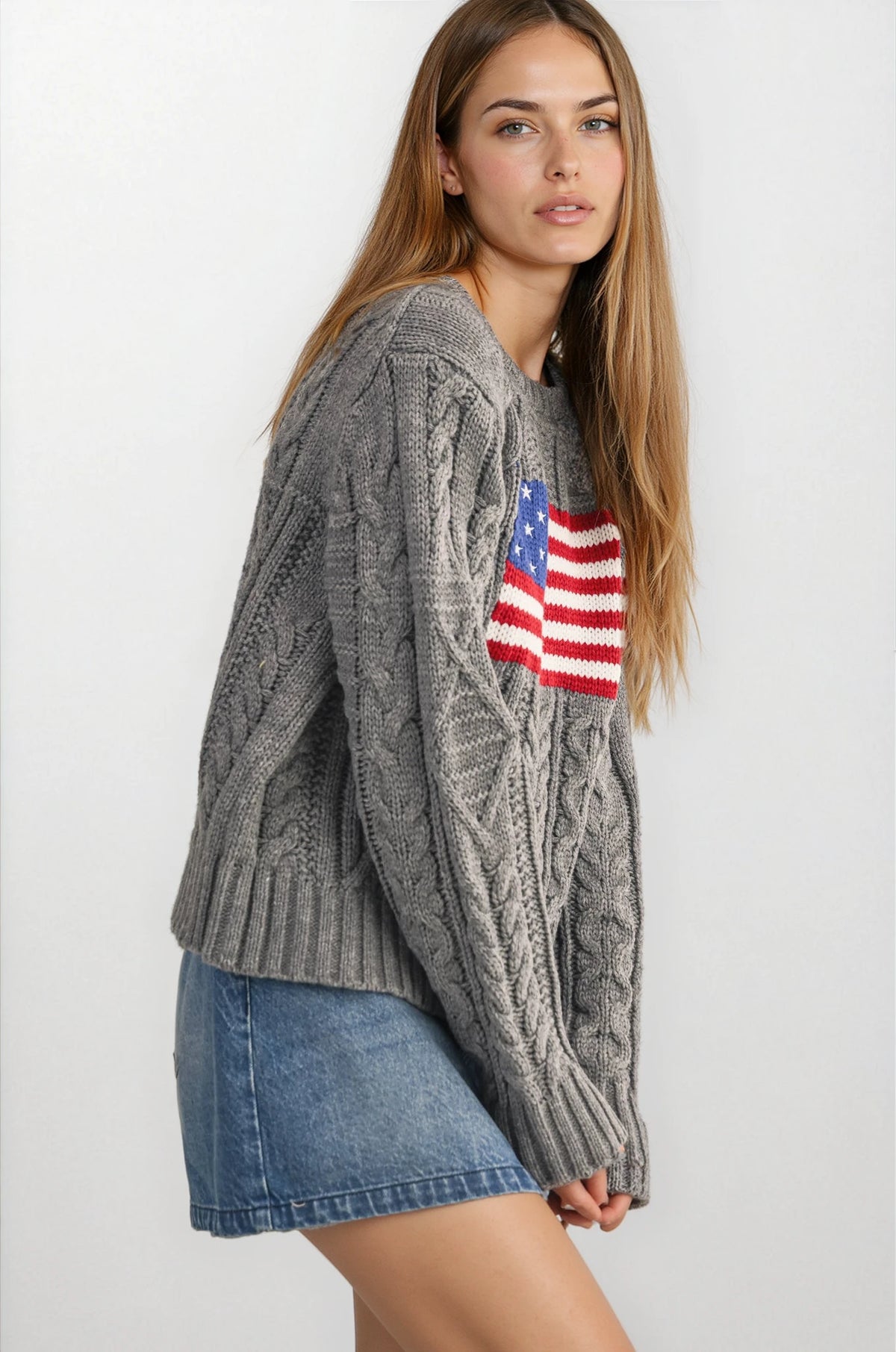 USA Flag Cable Knit Sweater - House of Caelo Athleisure Wear, Yoga Wear & Women's Clothing