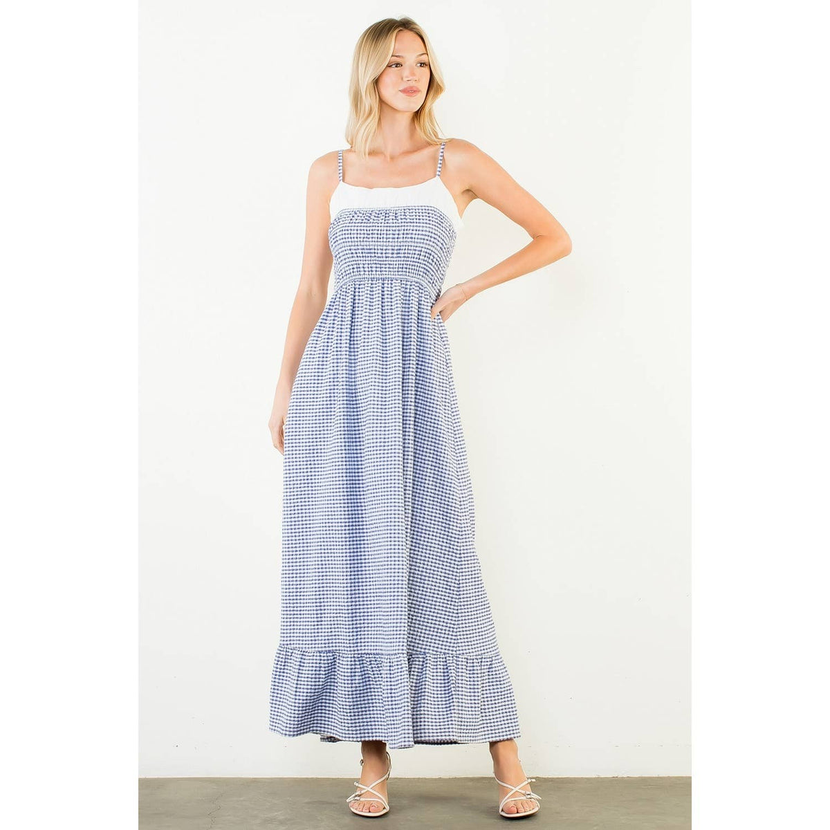 Coastal Brunch Gingham Smocked Maxi Dress, view 8 | Fitkitty Culture®