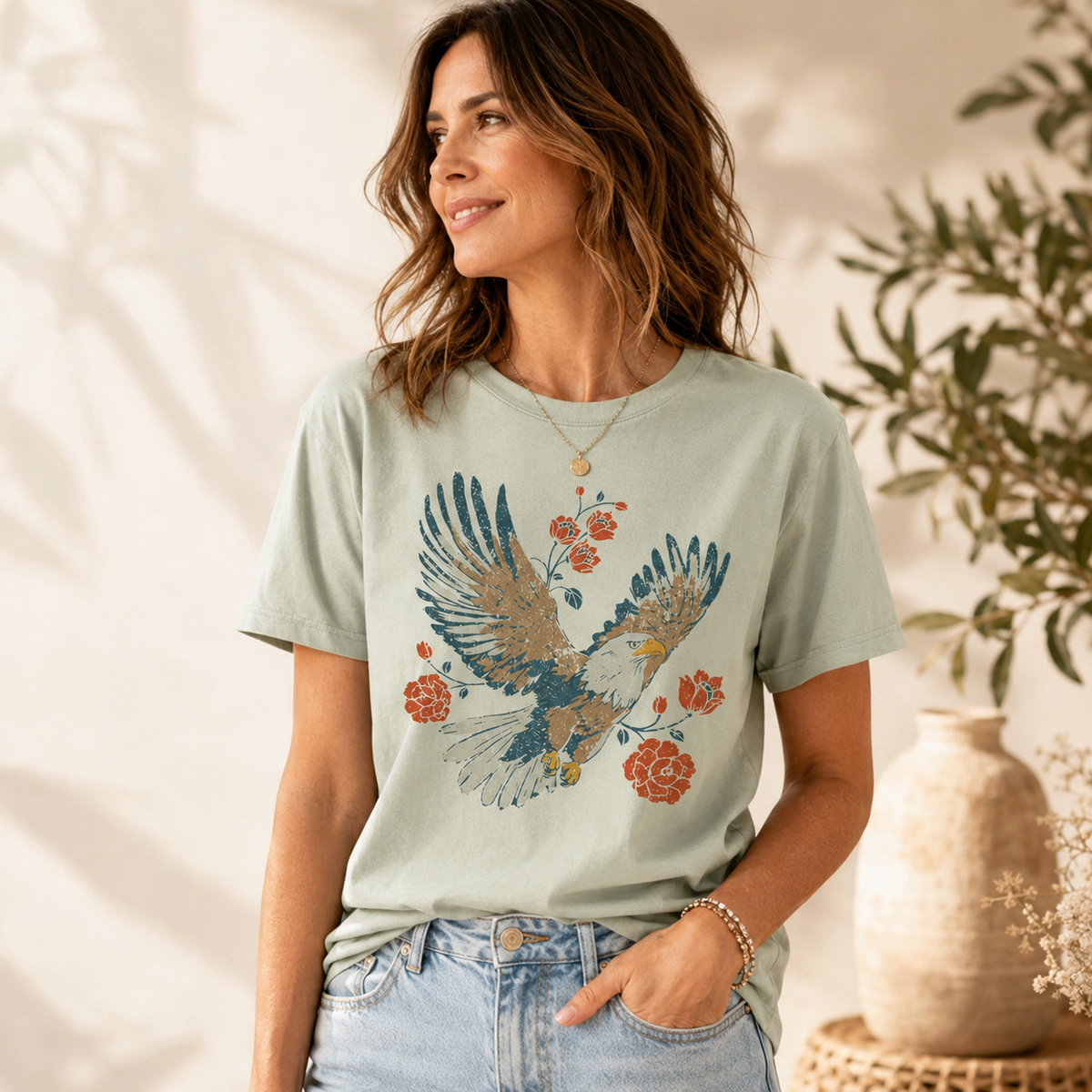 Eagle Floral Western Graphic Tee Desert Vintage Eagle Shirt, view 6 | Fitkitty Culture®
