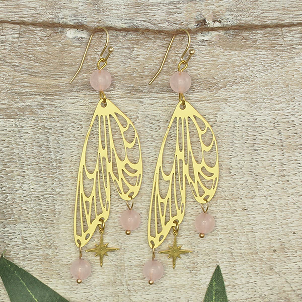 Rose Quartz Bead Butterfly Wing Earrings, Accessories, ZAD, House of Caelo Athleisure Wear, Yoga Wear & Women's Clothing