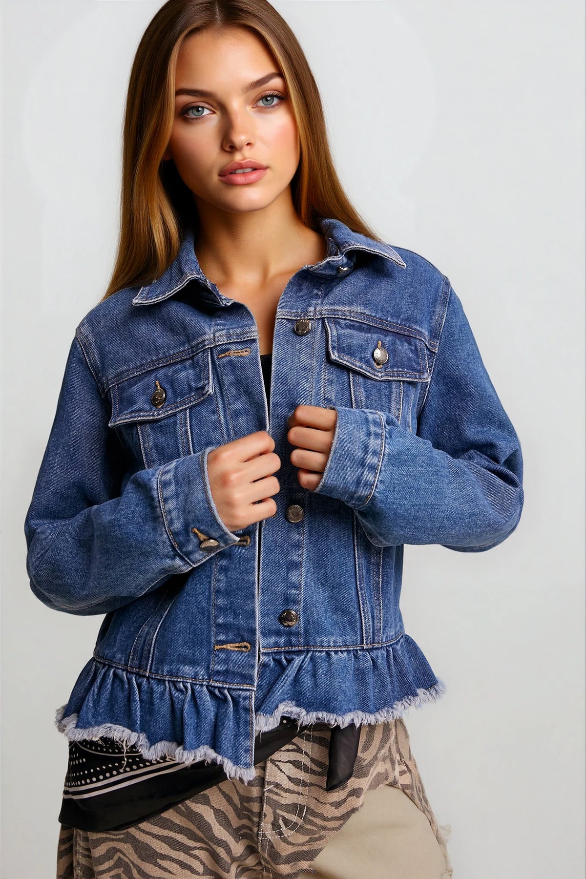 Ruffled Hem Denim Jacket - House of Caelo Athleisure Wear, Yoga Wear & Women's Clothing