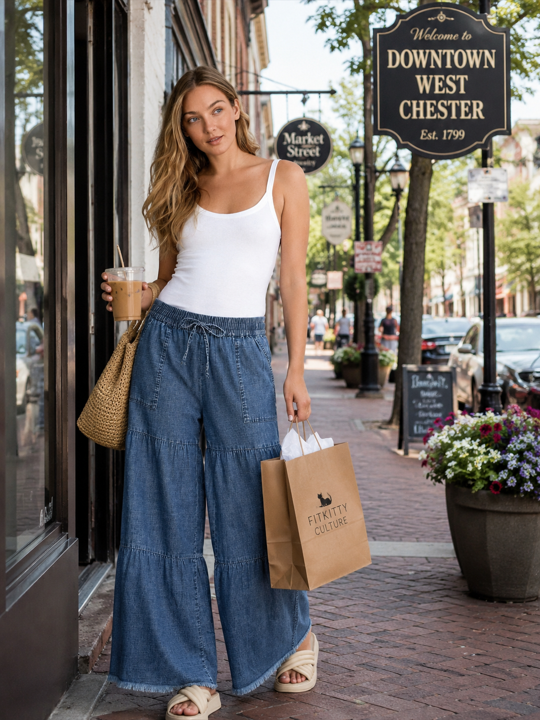 Chambray wide-leg pants with drawstring waist and frayed hem