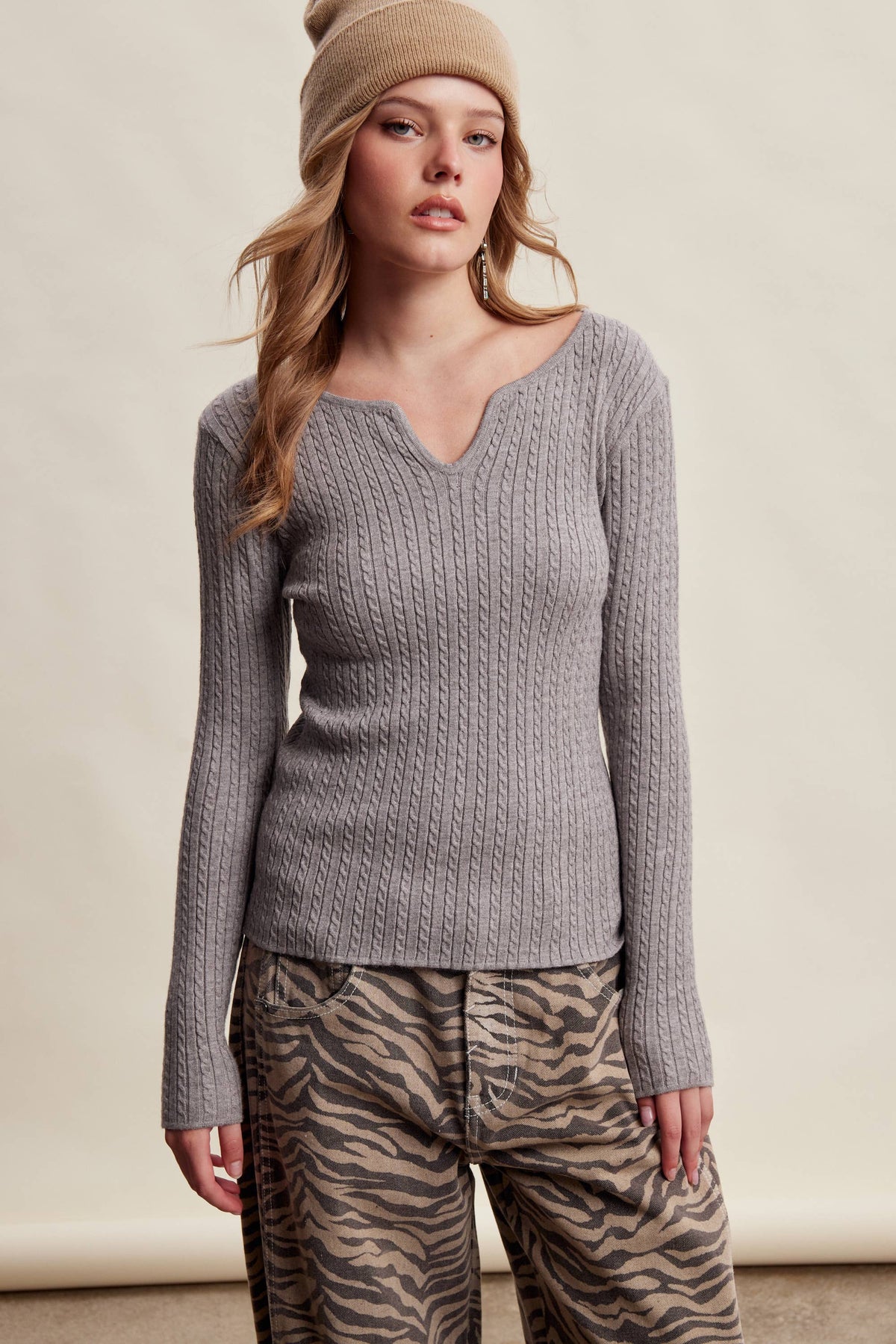 Ribbed V-Neck Knit Top