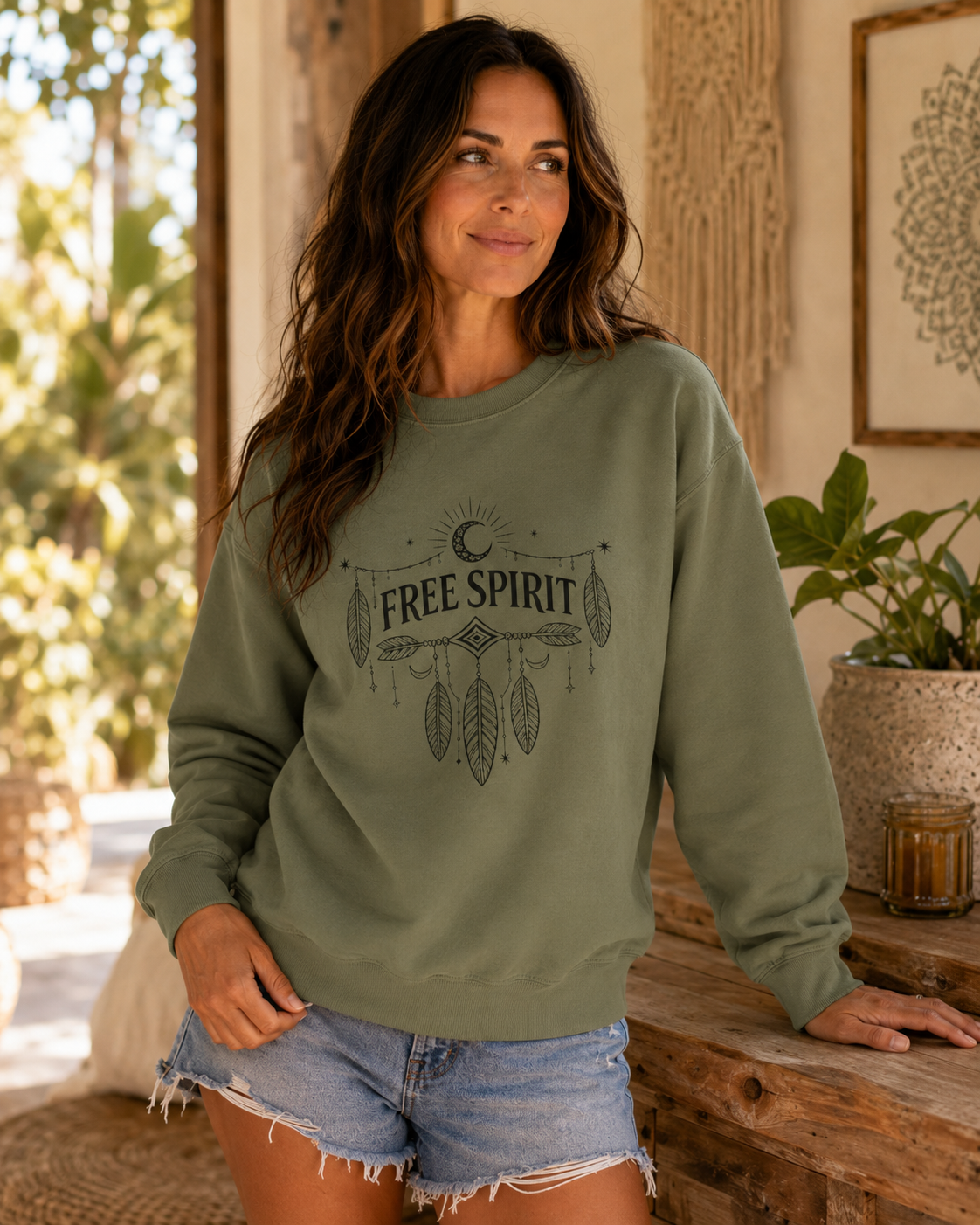 Free Spirit Dreamcatcher Crewneck Sweatshirt — styled lifestyle view