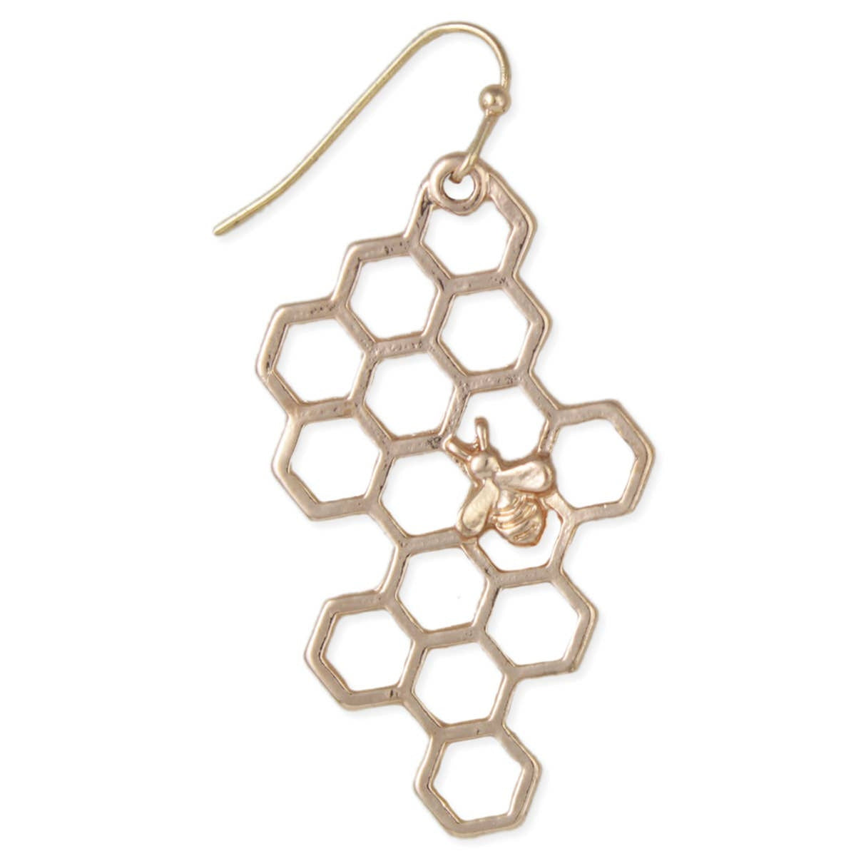 Close-up of one gold-tone open honeycomb earring with a tiny bee accent