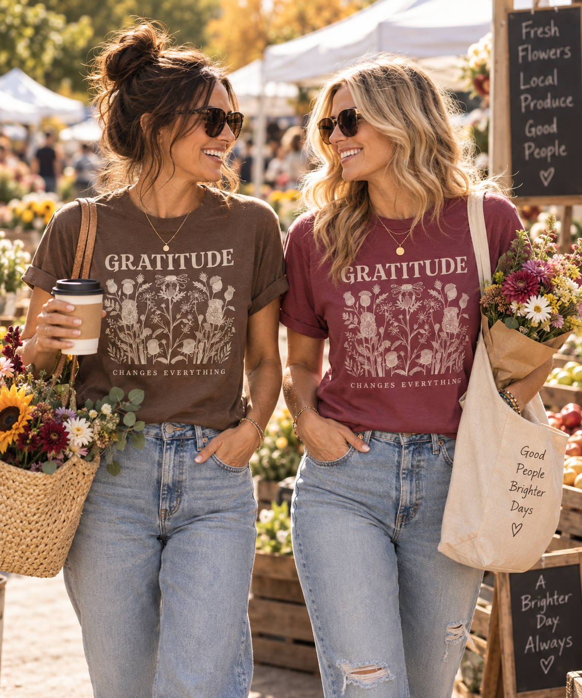 House of Caelo Gratitude Changes Everything garment-dyed tee in Espresso and Berry at a fall farmers market