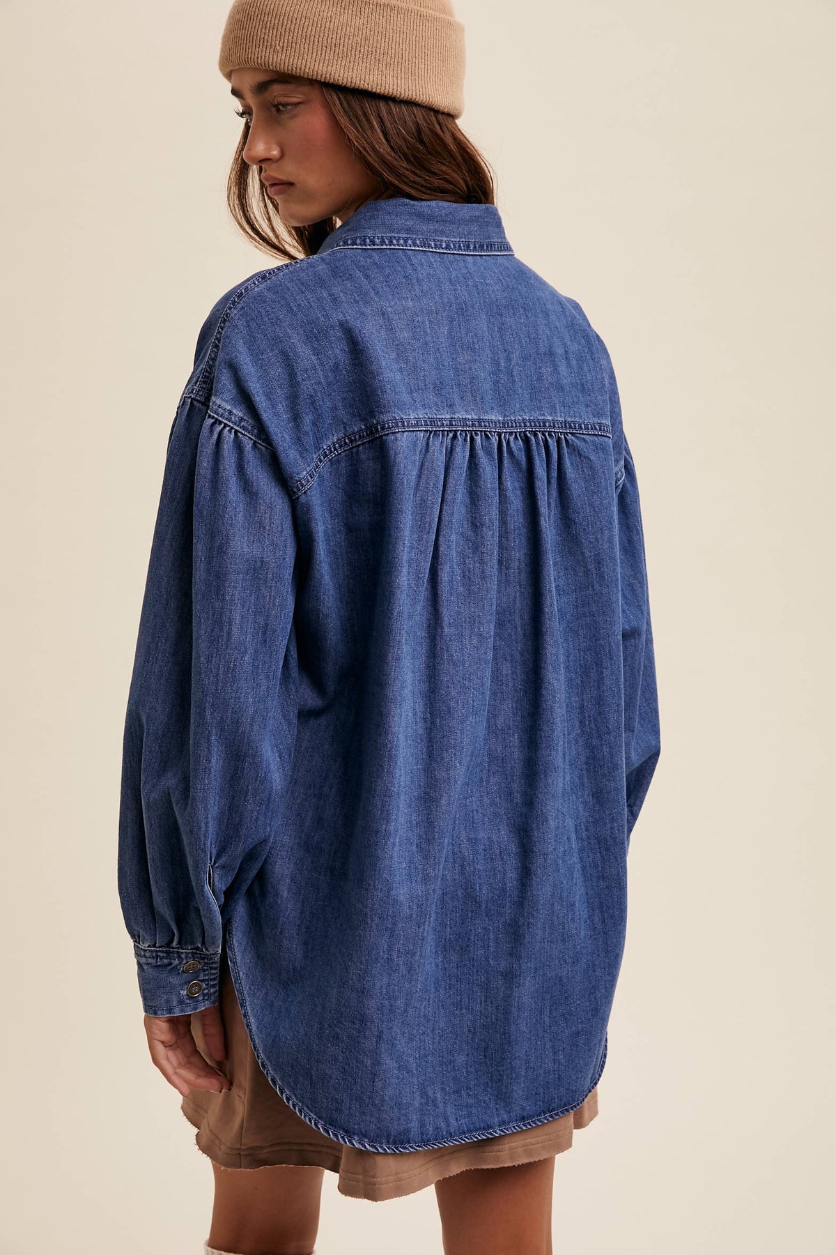 Indigo oversized denim shirt back yoke and curved hem