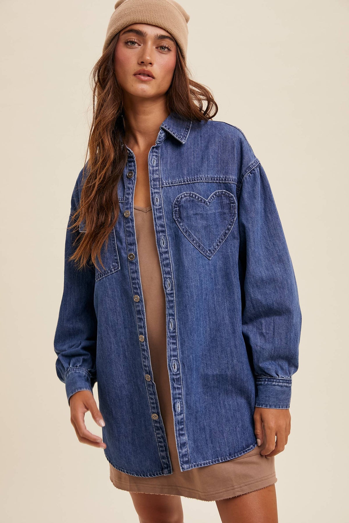 Indigo oversized denim shirt buttoned, front view