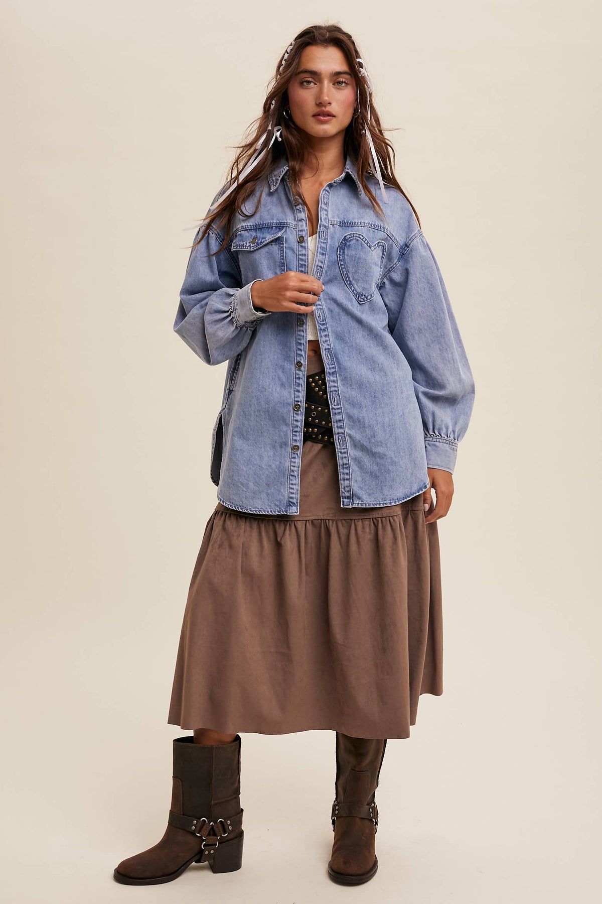 Light Denim Heart Detail Shirt styled buttoned, full length