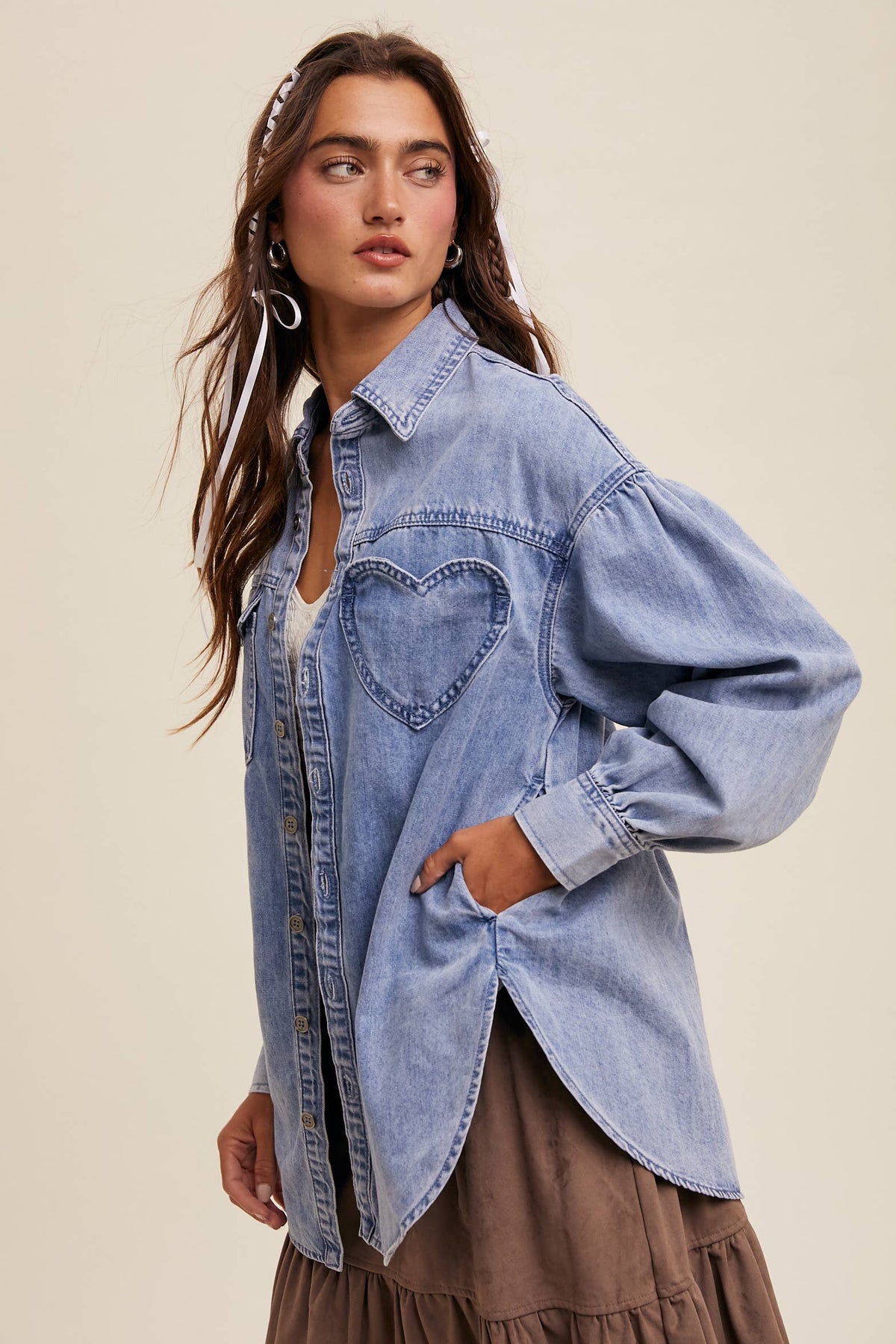 Light Denim oversized shirt angled view with heart pocket