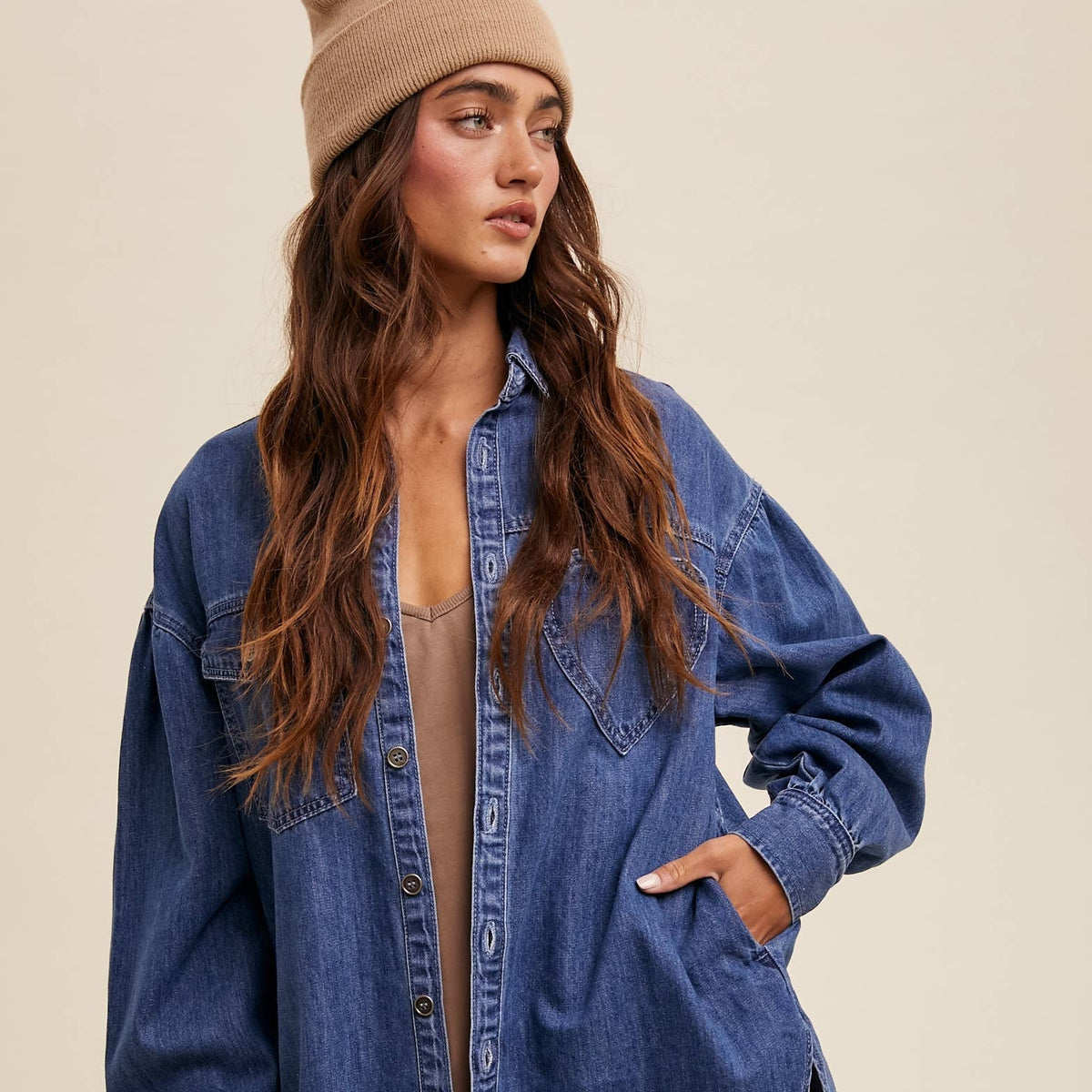 Heart Detail Oversized Denim Shirt in Indigo, front view