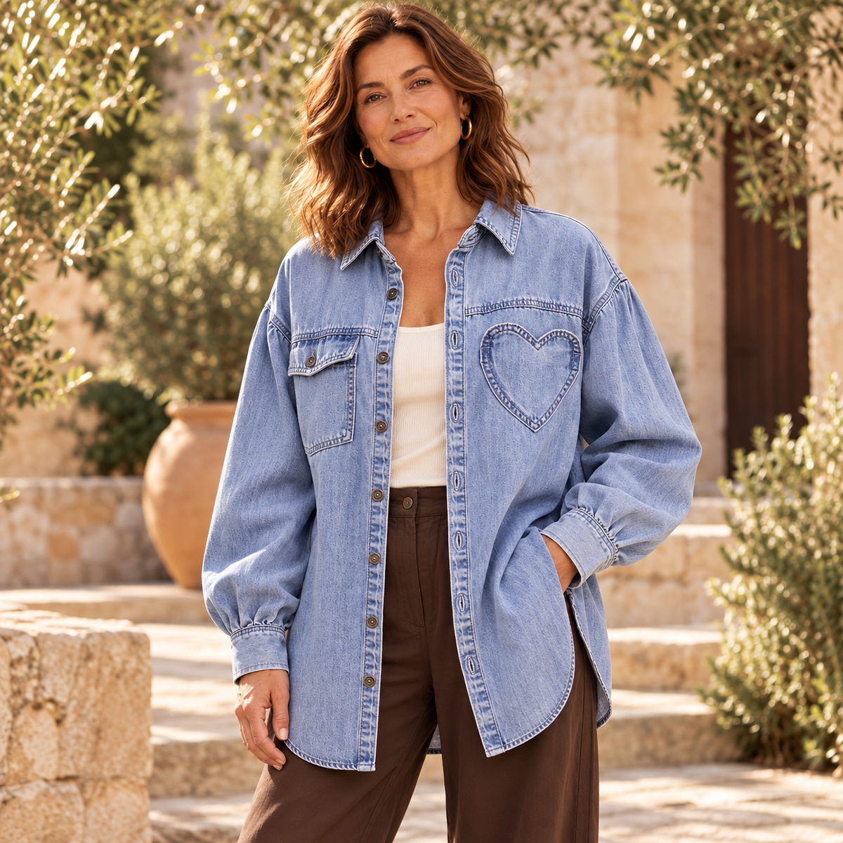 Light Denim Heart Detail Oversized Denim Shirt styled with an ivory tank and chocolate trousers