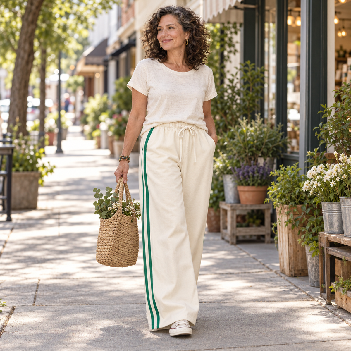 House of Caelo ivory wide-leg drawstring pants with green side stripes on a mature woman running errands