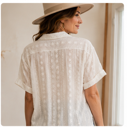 Ivory Garden Lace Button-Down Shirt back view