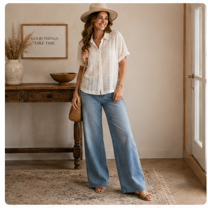 Woman styling the Ivory Garden Lace Button-Down Shirt with wide-leg jeans