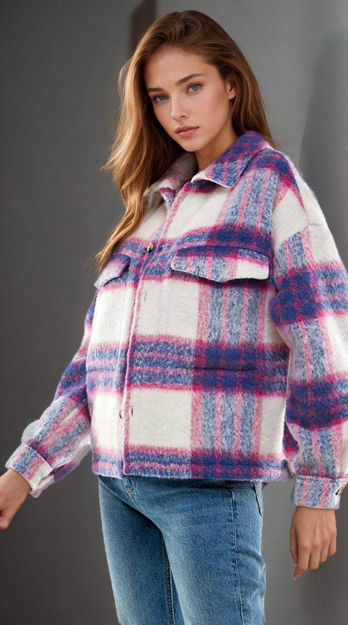 Soulful Serenity Denim Blue and Pink Brushed Plaid Shacket., Clothing, House of Caelo Athleisure Wear, Yoga Wear & Leggings, House of Caelo Athleisure Wear, Yoga Wear & Leggings