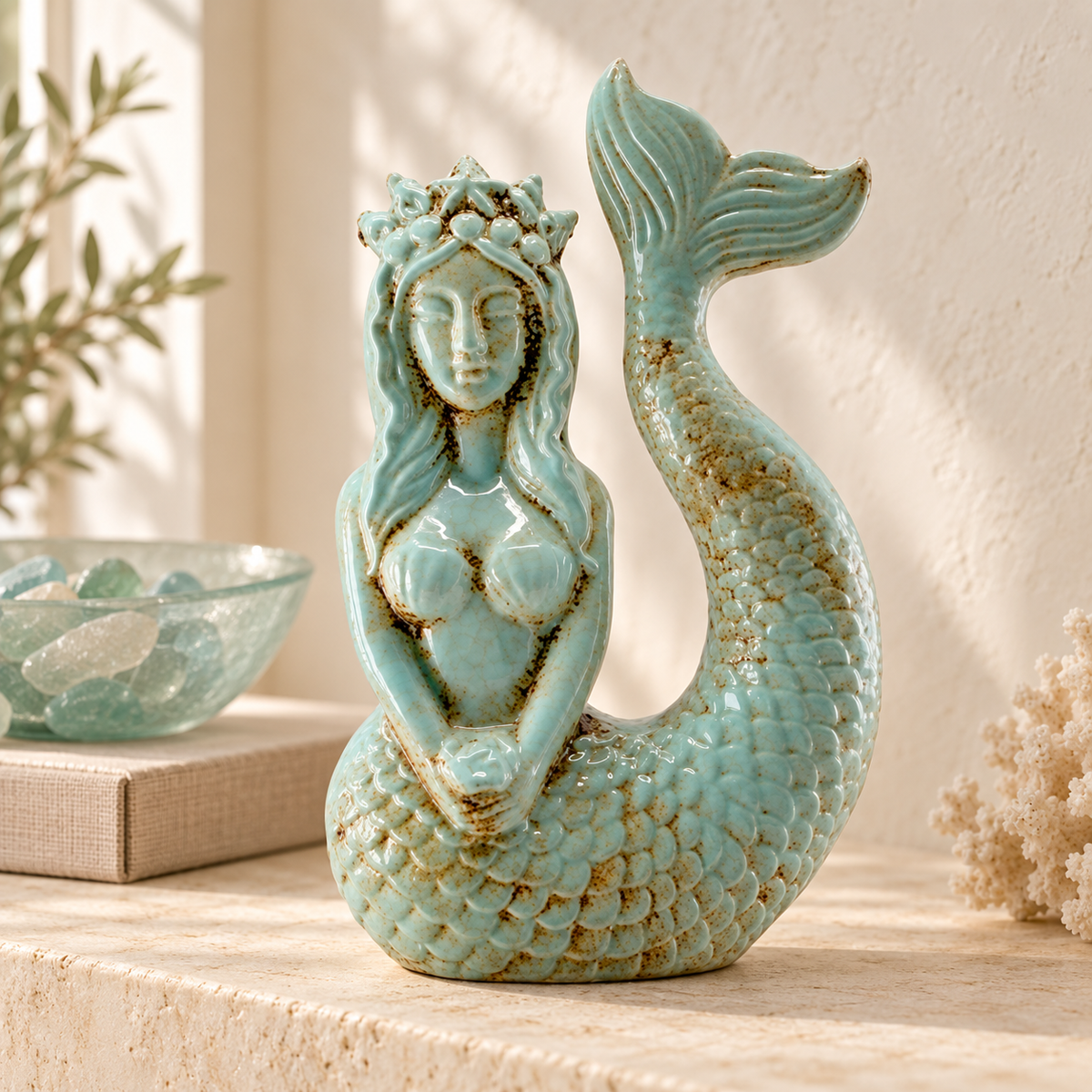 Lena Mermaid Queen ceramic statue styled on a warm coastal console
