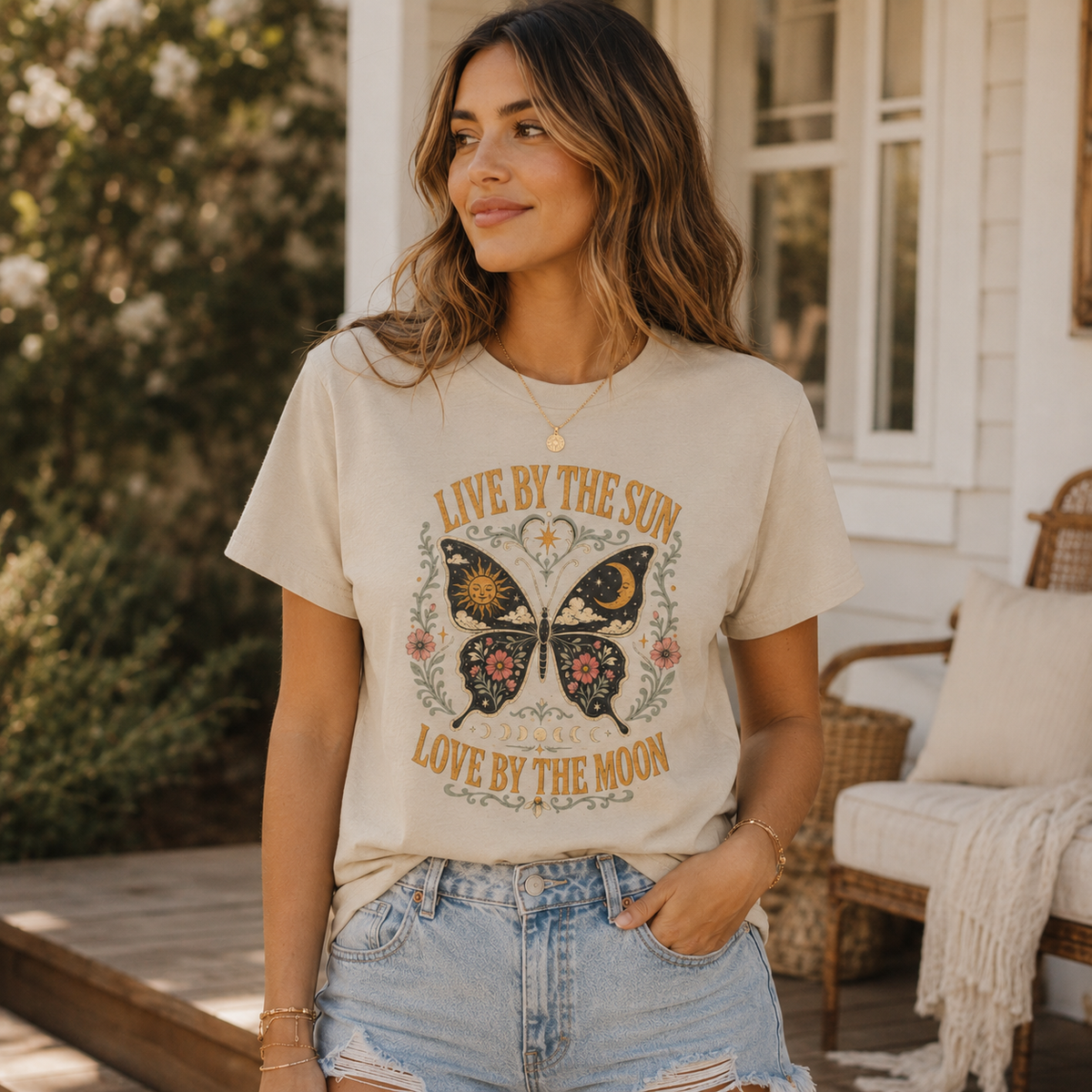 A woman wearing a beige graphic t-shirt with a butterfly design and the text 'LIVE BY THE SUN, LOVE BY THE MOON', paired with light-wash denim shorts, standing on a porch.