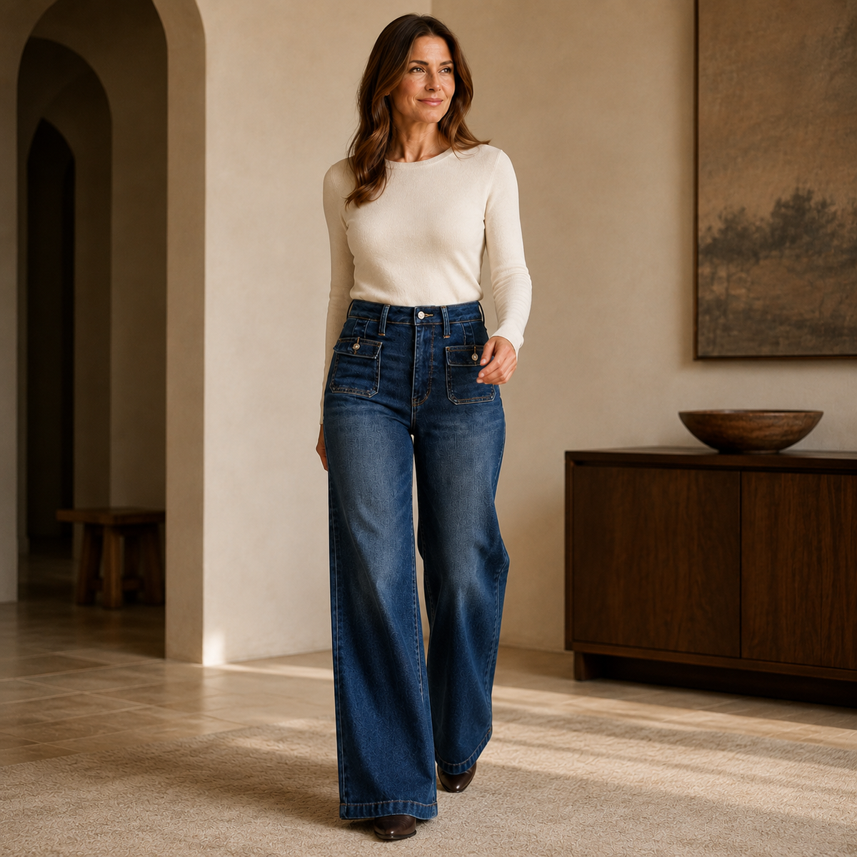 Woman walking in Lux Retro Wide Leg Jeans in Dark Fade Indigo