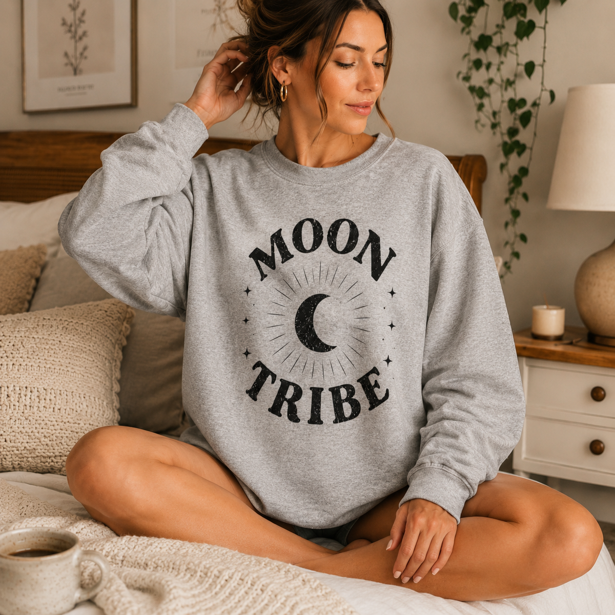 Moon Tribe Crewneck Sweatshirt – Crescent Moon Graphic Cozy Pullover | Fitkitty Culture®