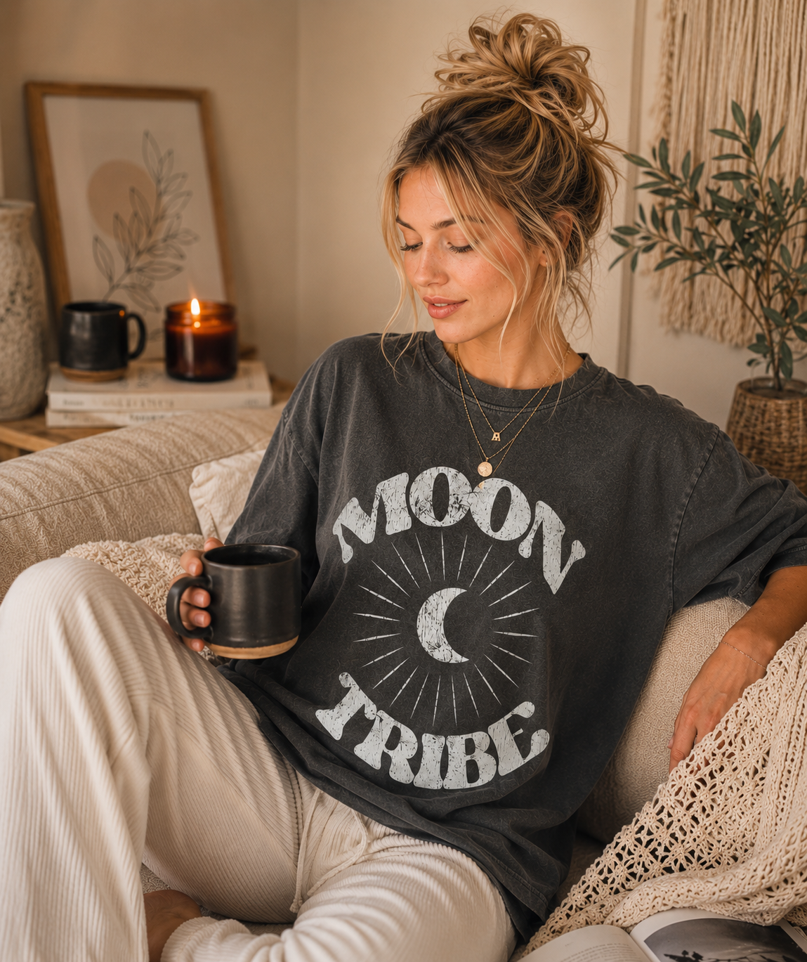Garment-dyed pepper Comfort Colors tee with Moon Tribe celestial graphic