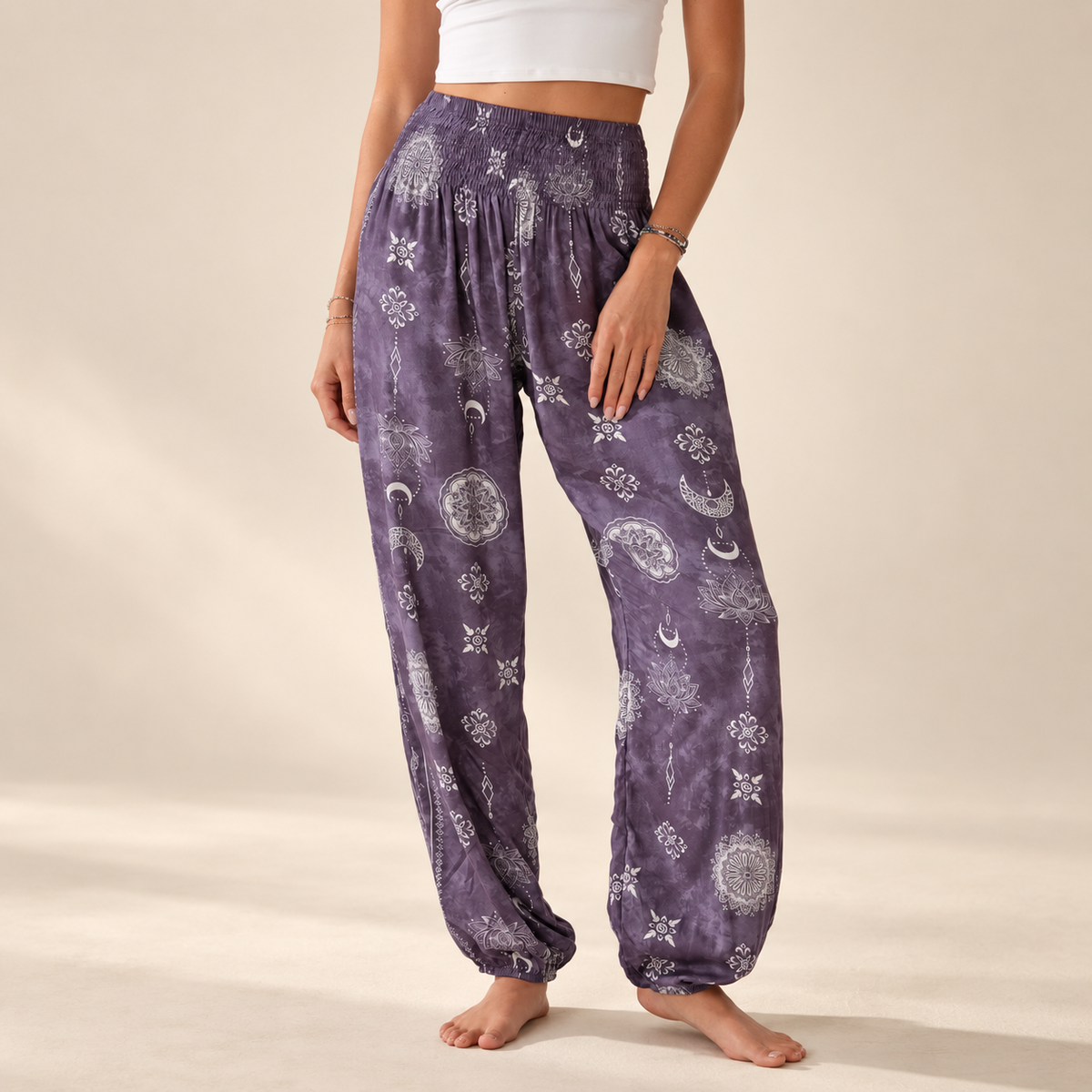 Mystic Plum Harem Pants showing the smocked waistband and relaxed leg on an ivory background