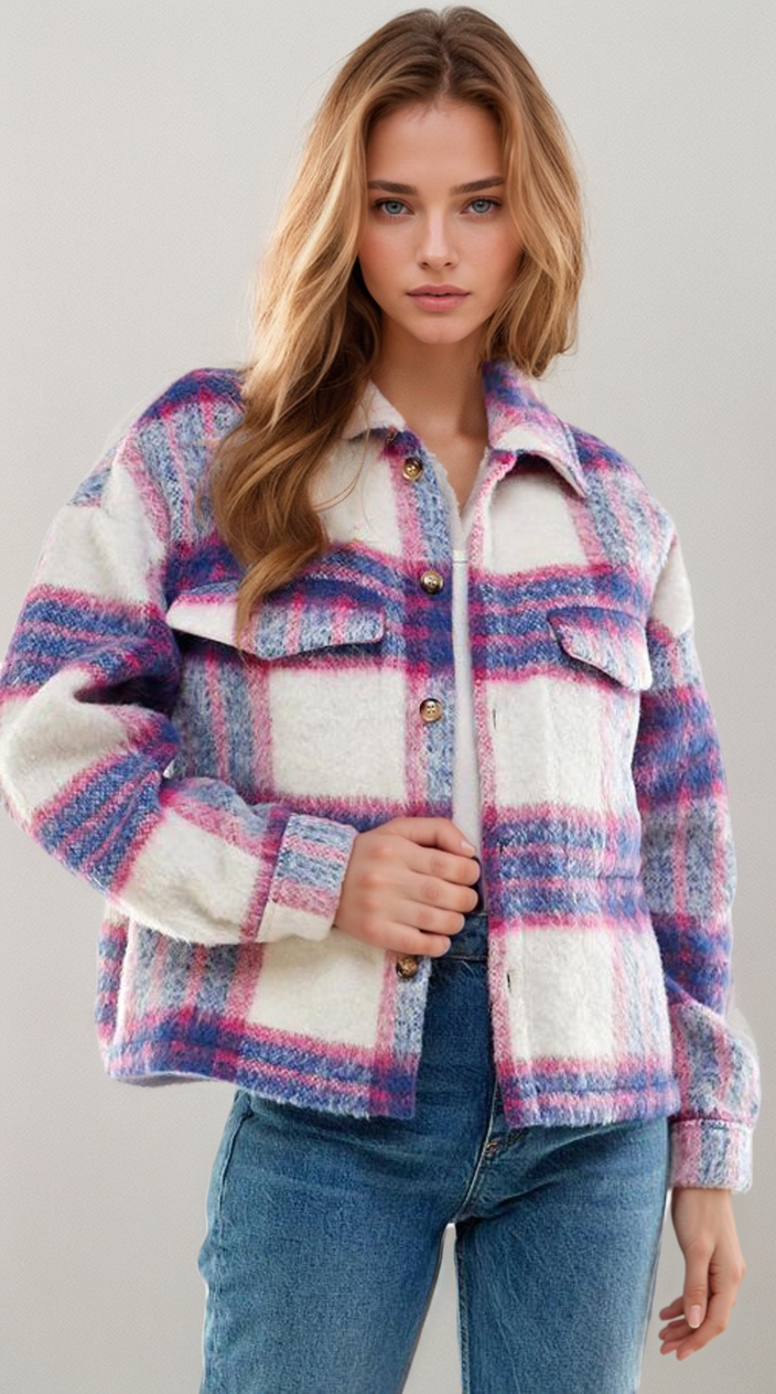Soulful Serenity Denim Blue and Pink Brushed Plaid Shacket., Clothing, House of Caelo Athleisure Wear, Yoga Wear & Leggings, House of Caelo Athleisure Wear, Yoga Wear & Leggings