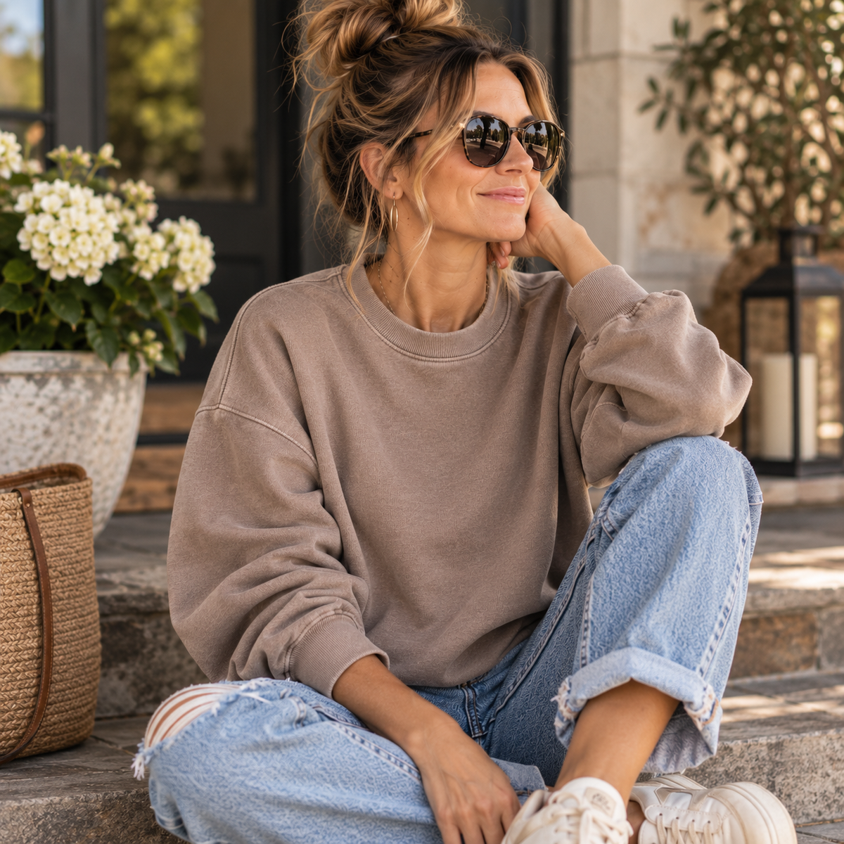 Woman wearing the House of Caelo Vintage Ease oversized crewneck in Cocoa Sand
