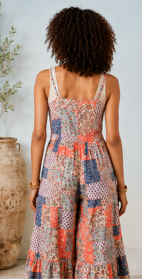 Person wearing a patterned jumpsuit standing against a light background