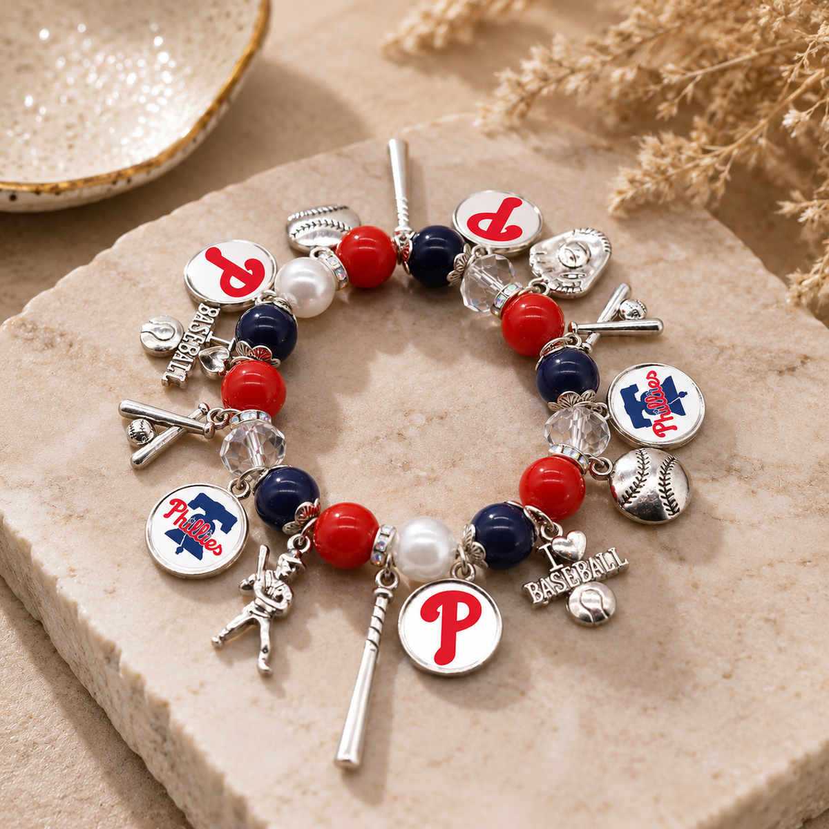 Philadelphia baseball charm bracelet with red navy white beads and silver baseball charms