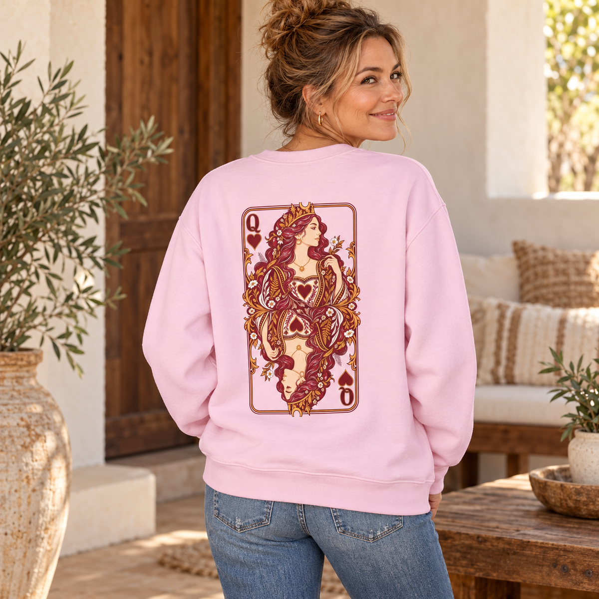 queen of hearts pink sweatshirt lifestyle by House of Caelo