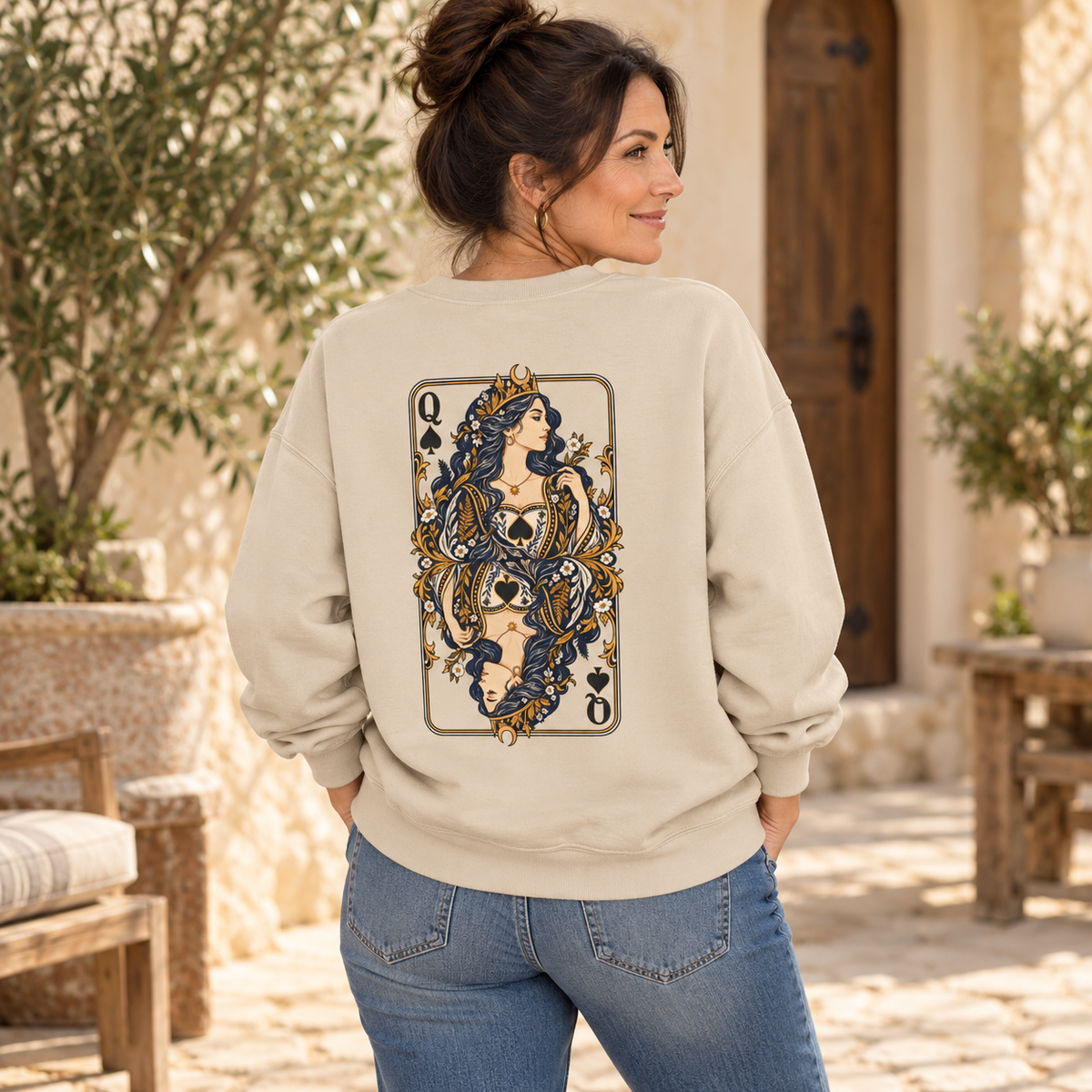 queen of spades sand sweatshirt lifestyle by House of Caelo