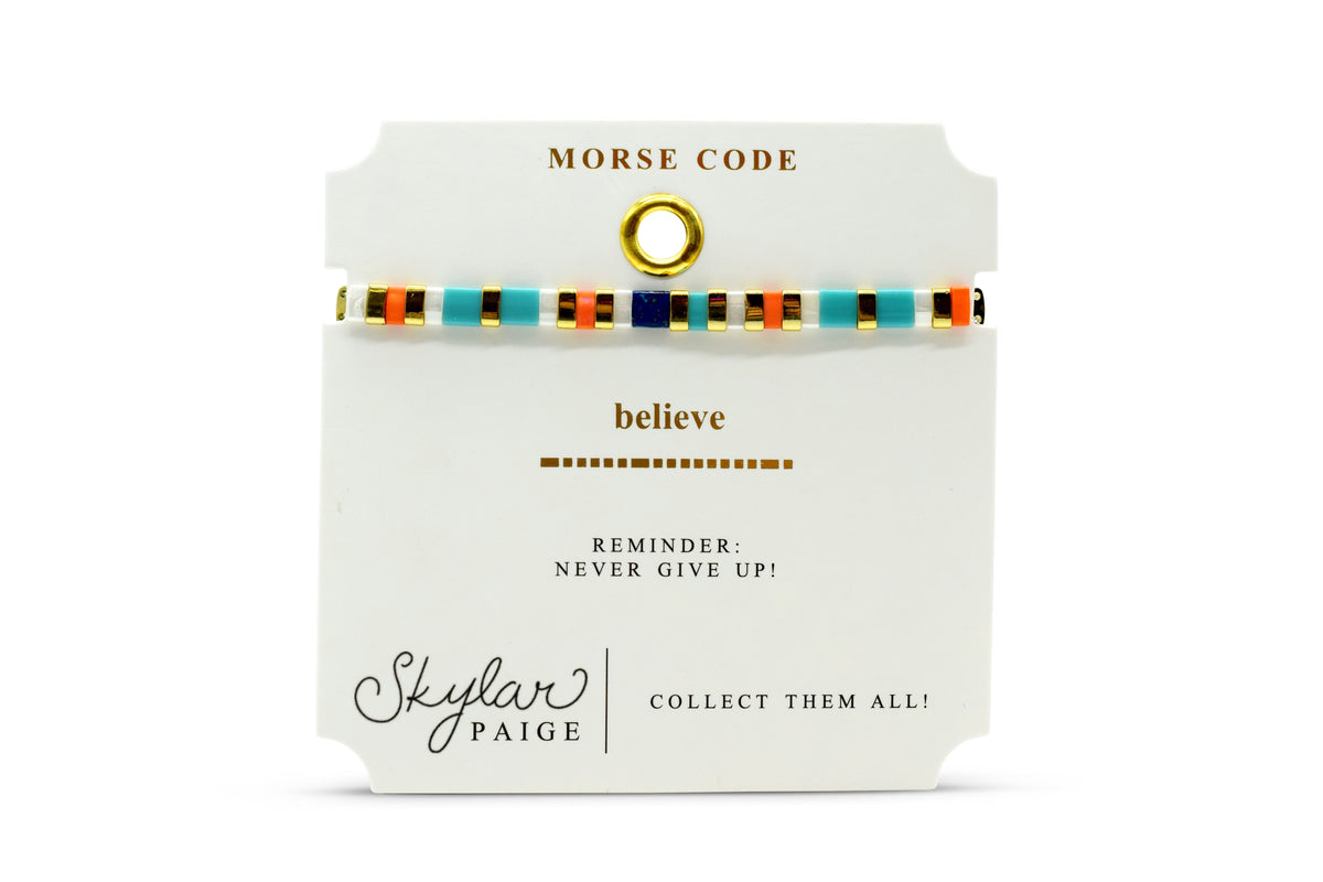 Skylar Paige Believe Morse Code bracelet on card