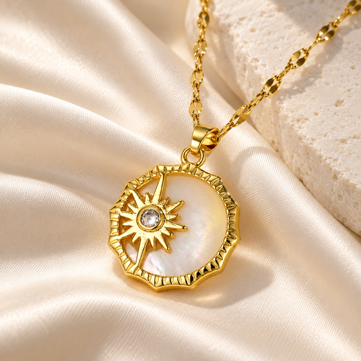 Sun and moon mother-of-pearl pendant necklace on ivory silk | House of Caelo