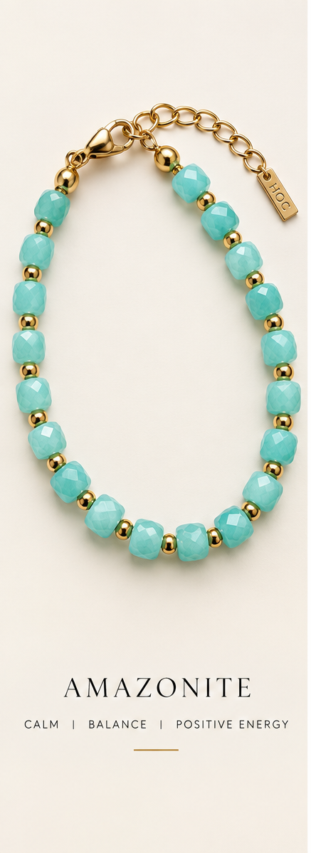 Stone Stack Amazonite faceted gemstone and gold beaded bracelet on a luxe cream background