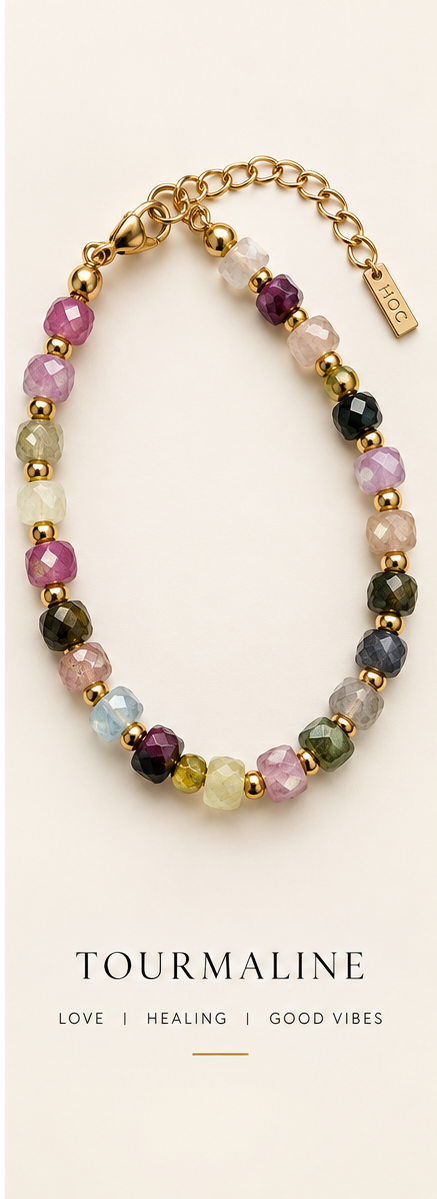 Stone Stack Tourmaline faceted gemstone and gold beaded bracelet on a luxe cream background