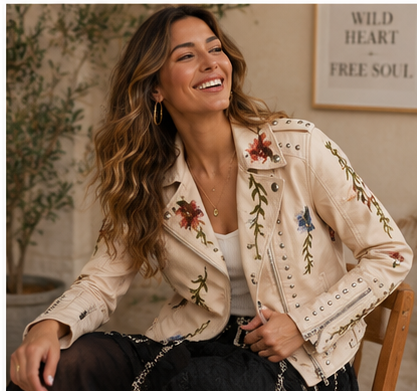 Happy woman wearing the Wildflower Studded Faux Leather Moto Jacket seated lifestyle view