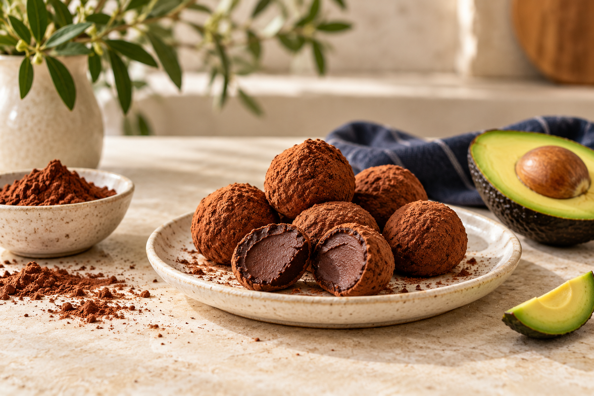 Cocoa-dusted avocado and cacao chocolate truffles